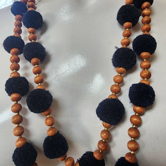 J. Crew Navy Blue Puff Ball & Wood Bead Two-Layer Necklace - Picture 3 of 4